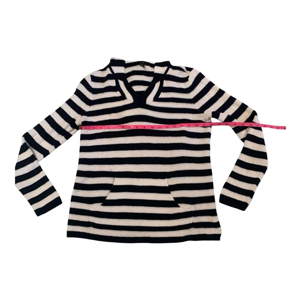 Talbots Navy Ivory Striped V-Neck Cotton Blend Sweater Hood Pull-Over Size MP‎